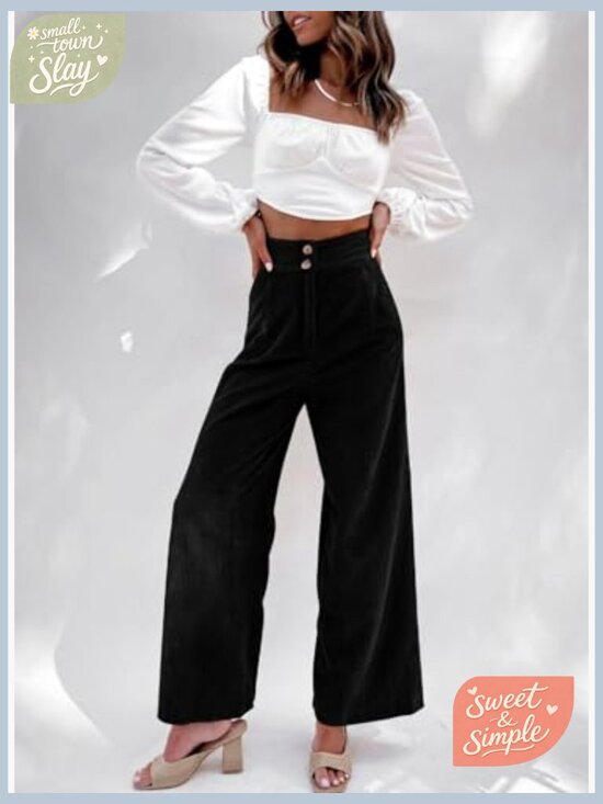 High Waisted Corduroy Wide Leg Pants with Pockets Stretchy Casual Work - Picture 2 of 7